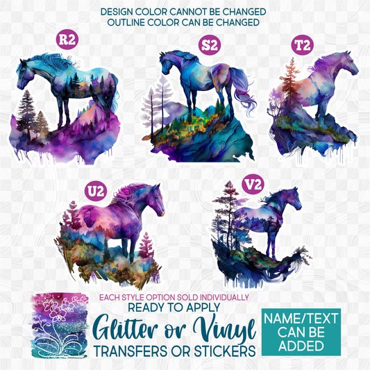 SBS-346 Watercolor Mountains Forest Horses Horse Made-to-Order Iron-On Transfer or Sticker