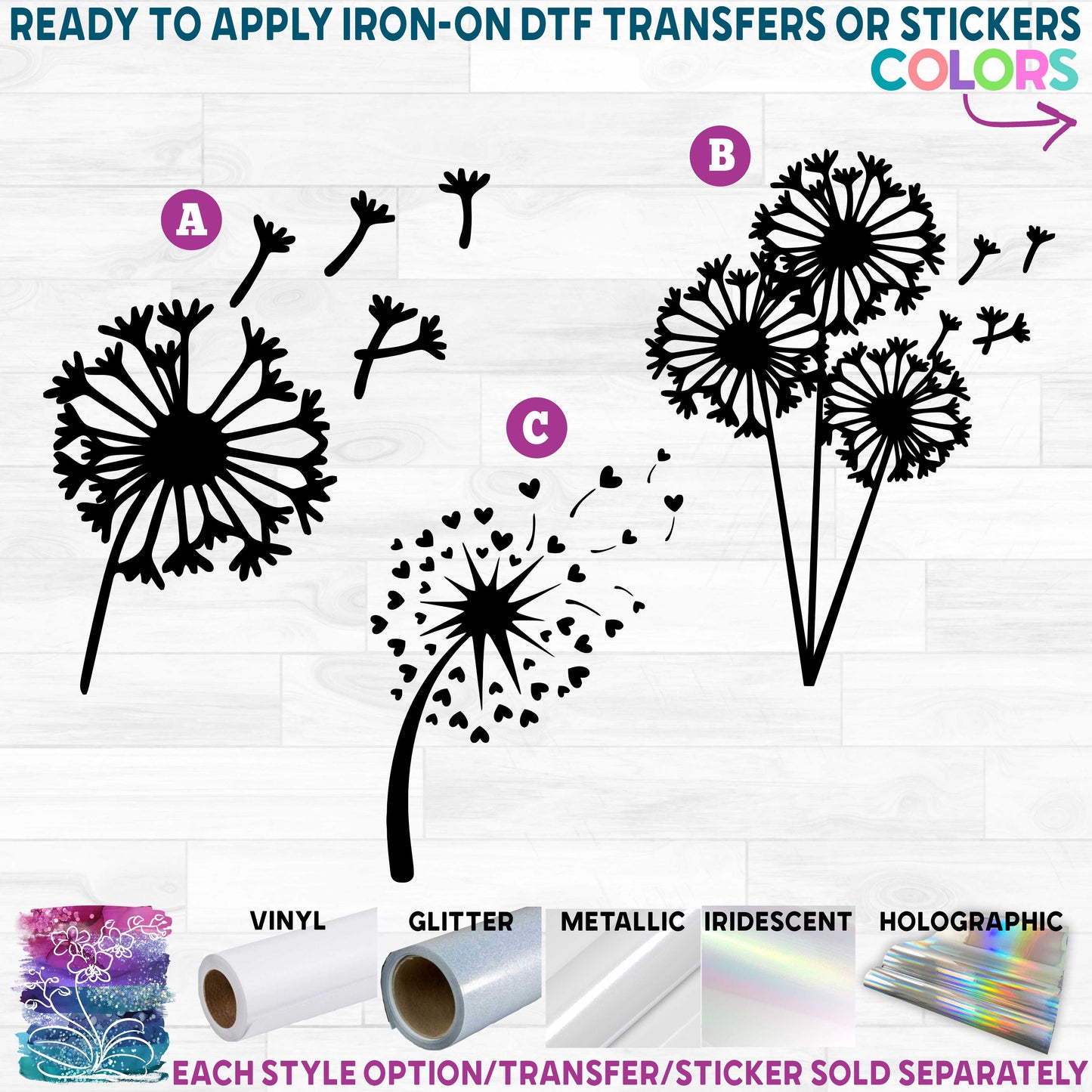 (s347-1) Dandelion Flower Printed Heat Transfer or Sticker