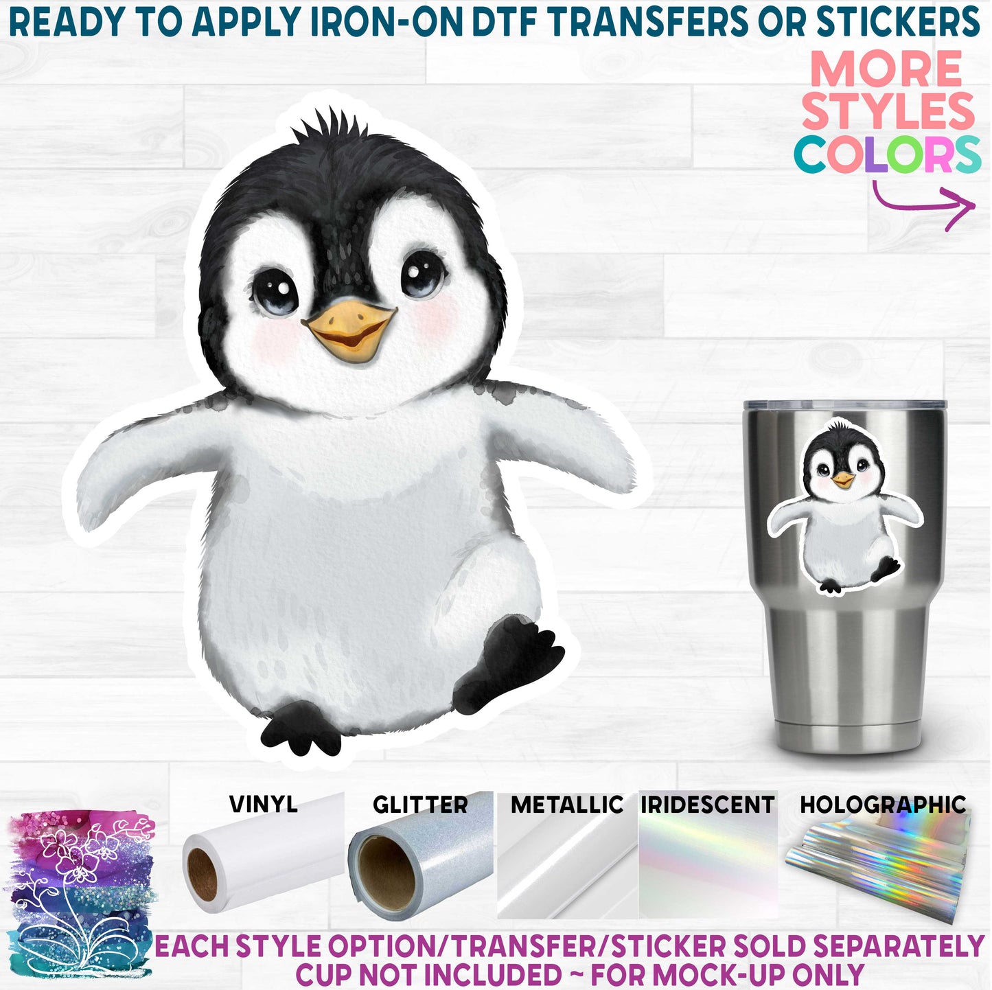 (s348) Cute Baby Penguin Penguins Watercolor Printed Heat Transfer or Sticker