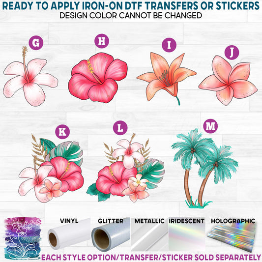 (s352) Tropical Summer Watercolor Hibiscus Plumeria Flowers Palm Tree Printed Heat Transfer or Sticker