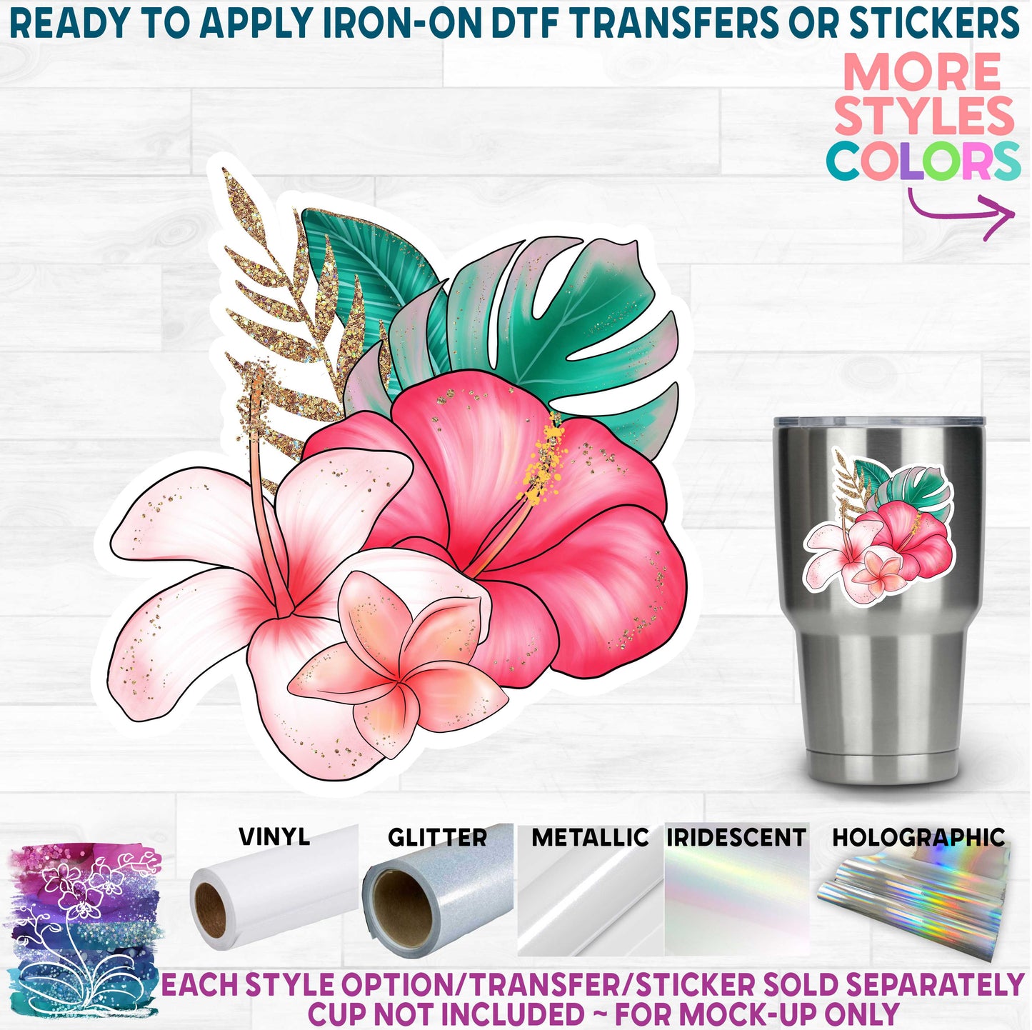 (s352) Tropical Summer Watercolor Hibiscus Plumeria Flowers Palm Tree Printed Heat Transfer or Sticker