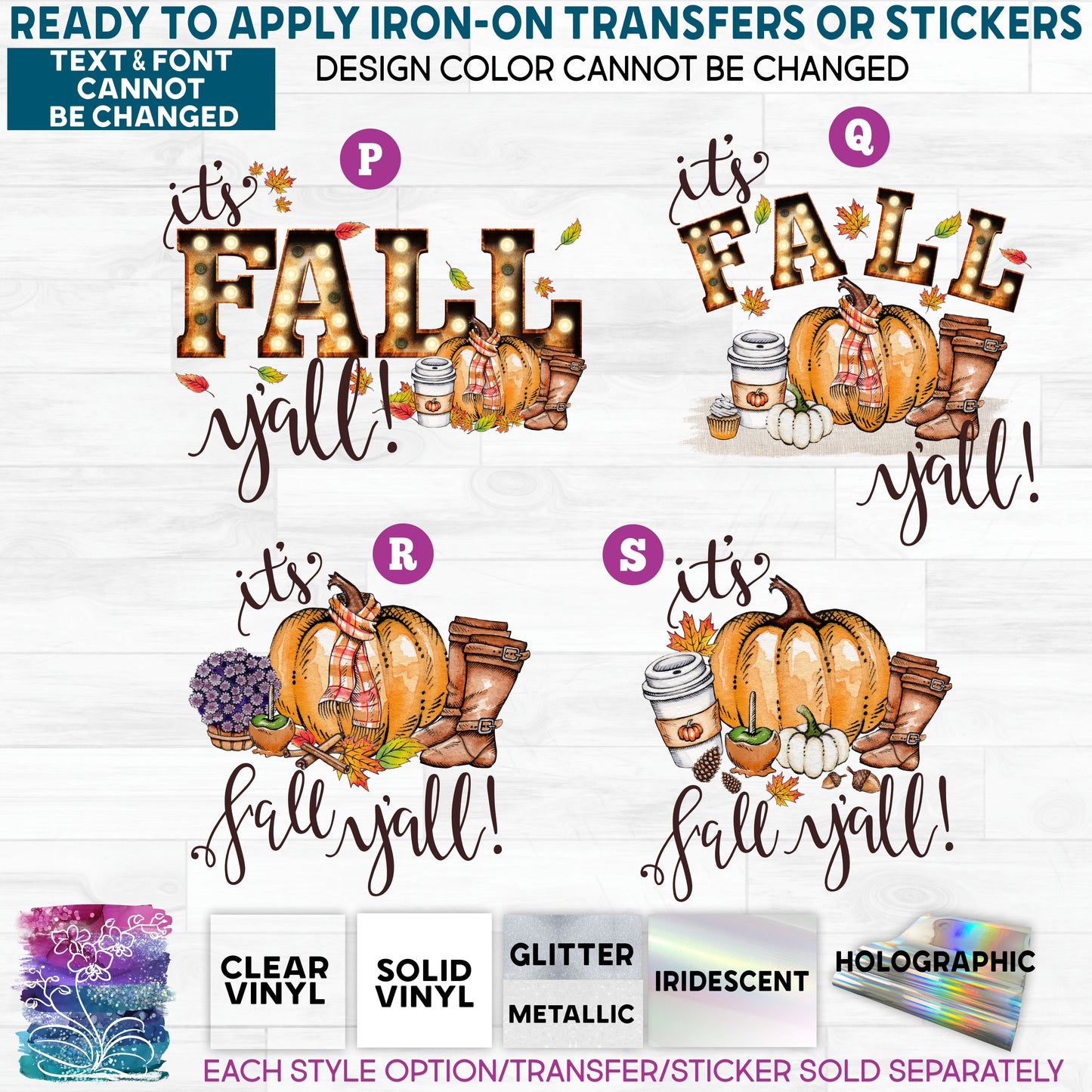(s354-2) It's Fall Y'all Marquee Pumpkin Spice Latte Boots Glitter or Vinyl Iron-On Transfer or Sticker