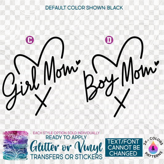 (s357-1) Girl Mom or Boy Mom Heart Glitter or Vinyl Iron-On Transfer or Sticker
