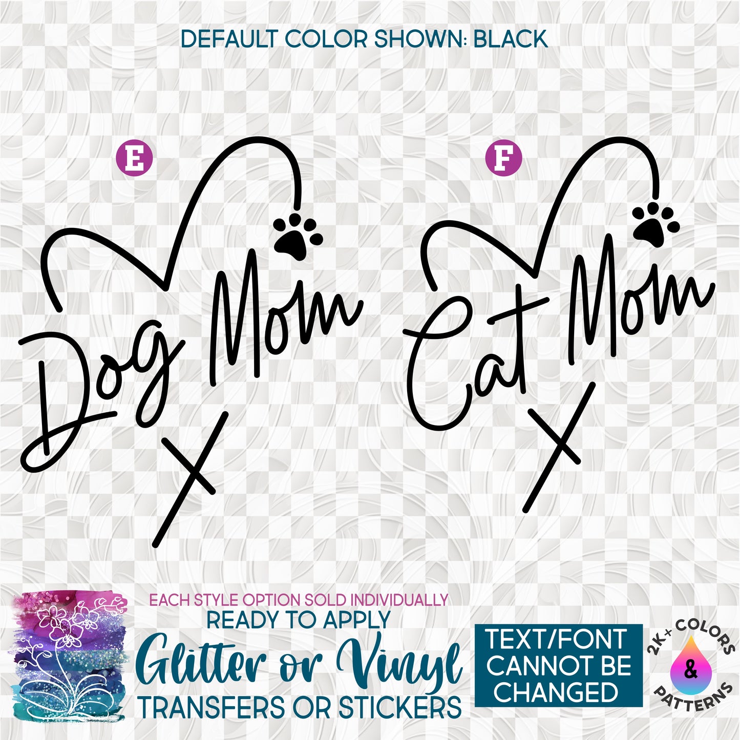 (s357-1) Dog Mom, Cat Mom Heart Glitter or Vinyl Iron-On Transfer or Sticker