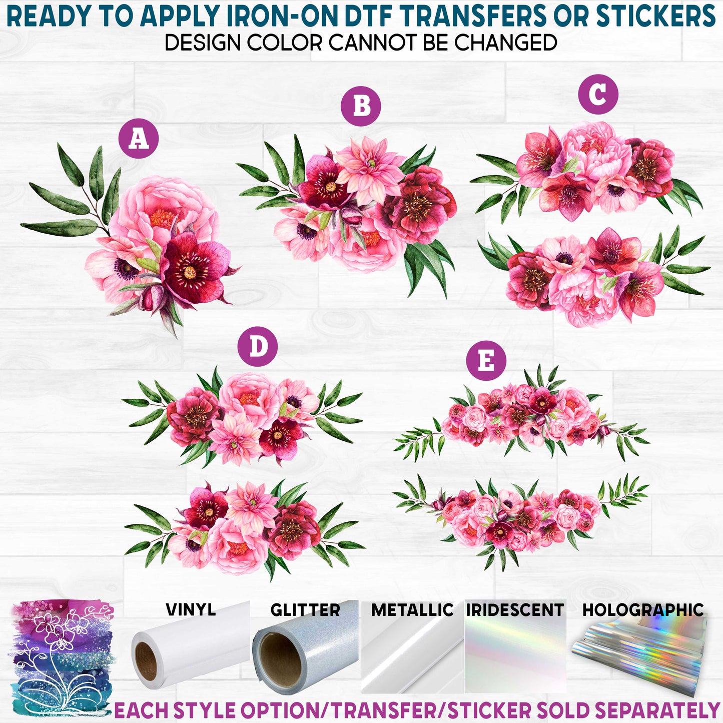 (s359) Dark Pink Roses Watercolor Flowers Printed Heat Transfer or Sticker