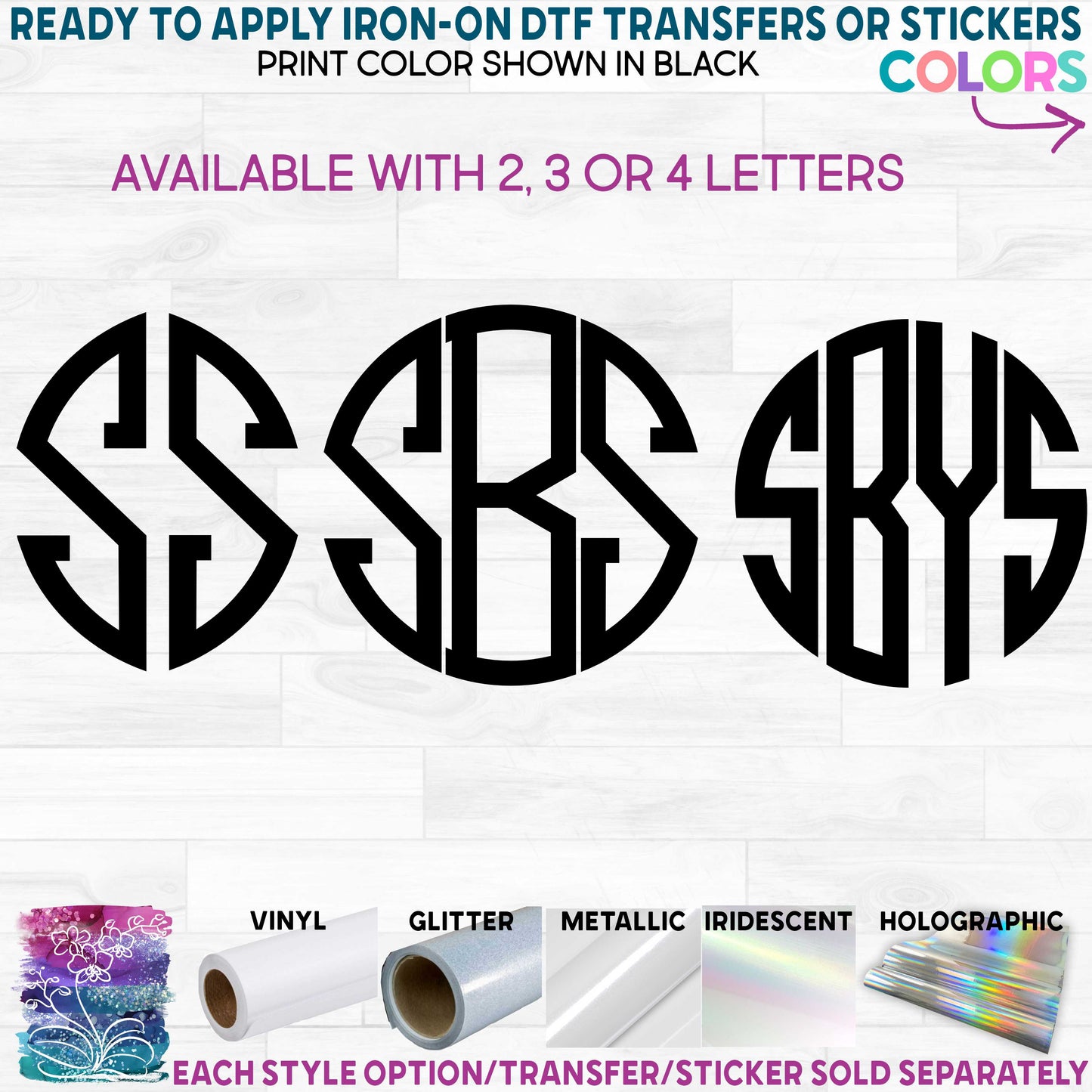 (s035-6) Circle Block Monogram Printed Heat Transfer or Sticker