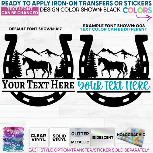 (s036-2P) Split Horseshoe Horse Mountains Custom Text Glitter or Vinyl Iron-On Transfer or Sticker