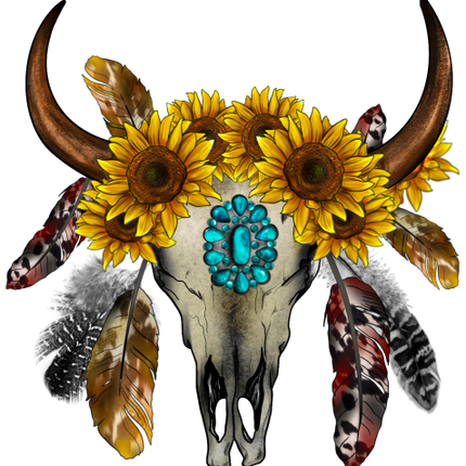 (s036-3-I) Cow Skull Sunflowers Turquoise Gemstone Feathers