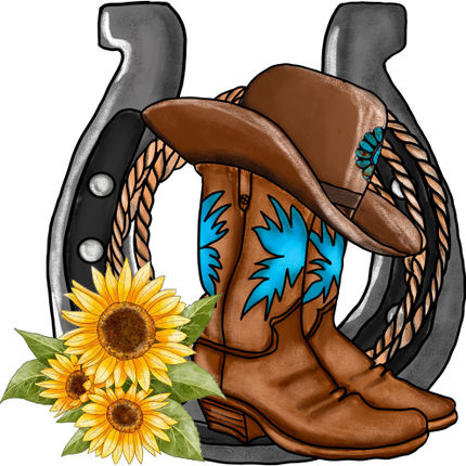 (s036-3-R) Horseshoe Cowboy Boots Hat Sunflowers