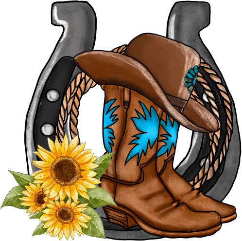 (s036-3-R) Horseshoe Cowboy Boots Hat Sunflowers