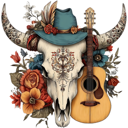 (s036-3-S2) Western Cow Sull Flowers Cowboy Hat Guitar