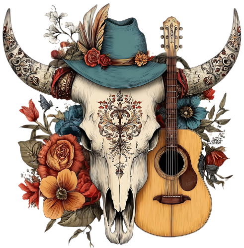 (s036-3-S2) Western Cow Sull Flowers Cowboy Hat Guitar