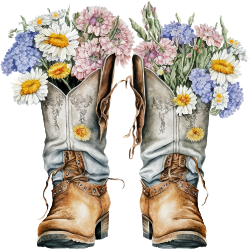 (s036-3-U) Cowboy Boots with Wildflowers