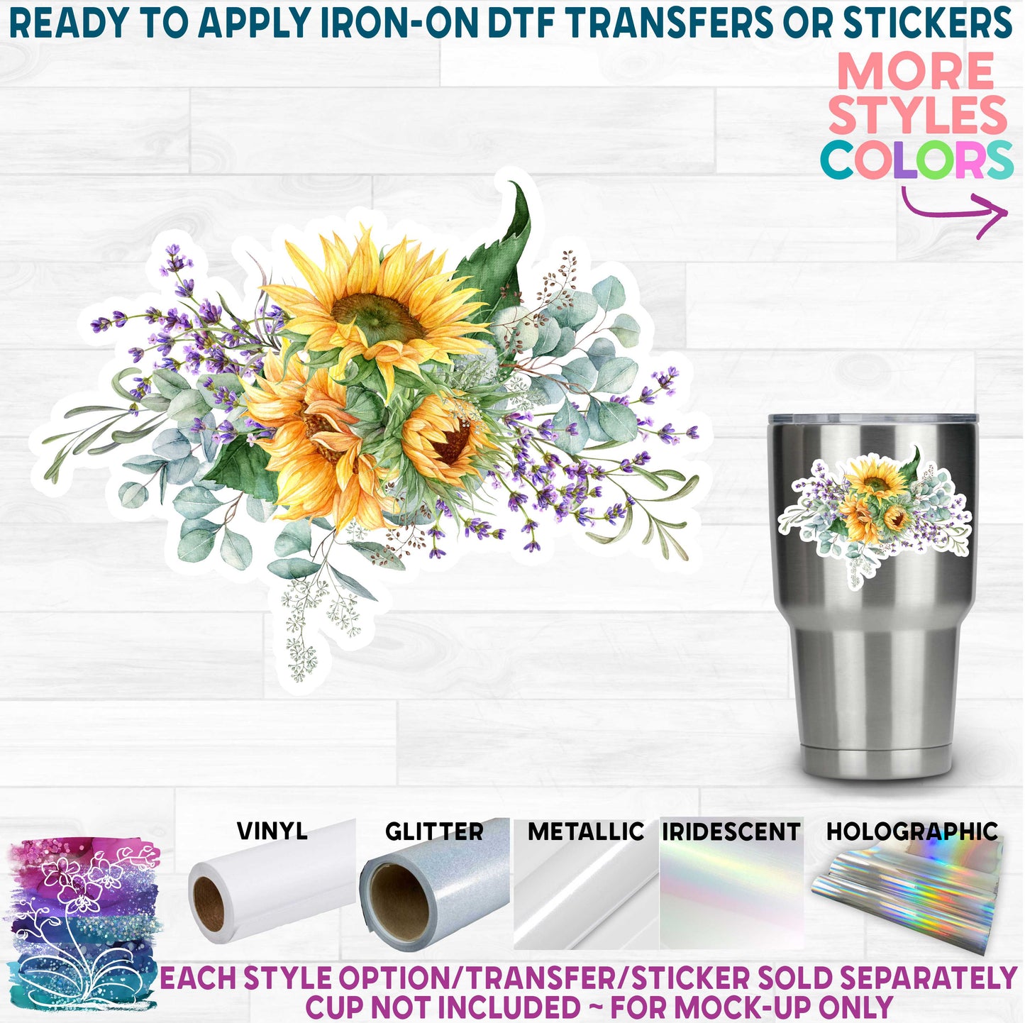 (s360) Provence Lavender & Sunflowers Watercolor Flowers Printed Heat Transfer or Sticker