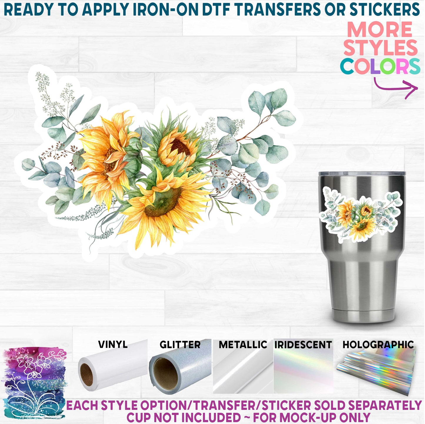 (s360) Sunflower Sunflowers Eucalyptus Lavender Watercolor Flowers Printed Heat Transfer or Sticker