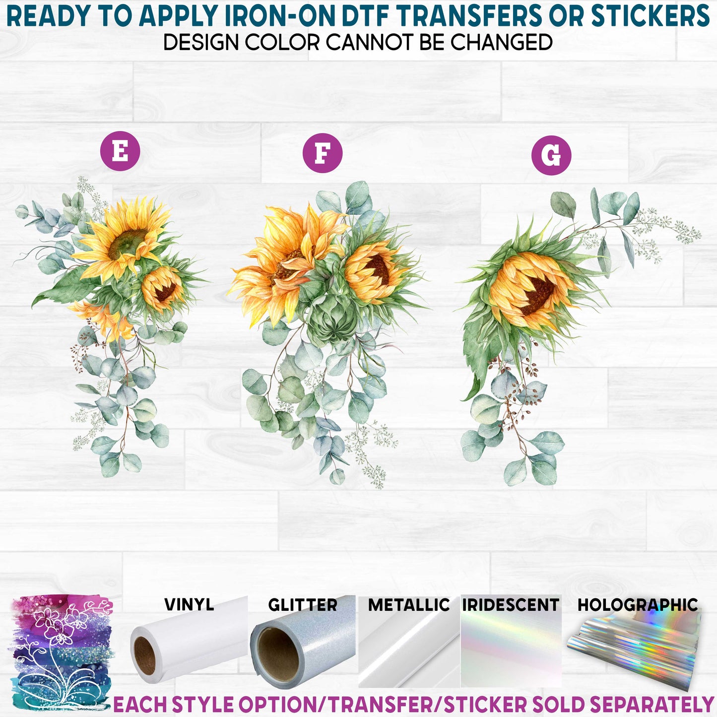 (s360) Sunflower Sunflowers Eucalyptus Lavender Watercolor Flowers Printed Heat Transfer or Sticker