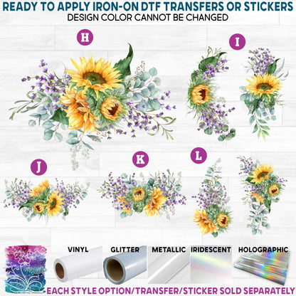 (s360) Sunflower Sunflowers Eucalyptus Lavender Watercolor Flowers Printed Heat Transfer or Sticker