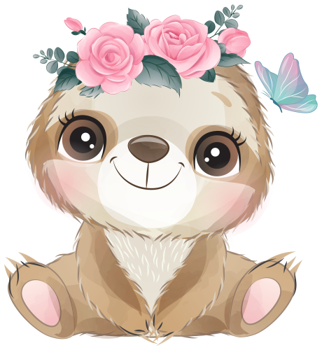 (s361-2-G) Sloths Pink Flowers Butterfly