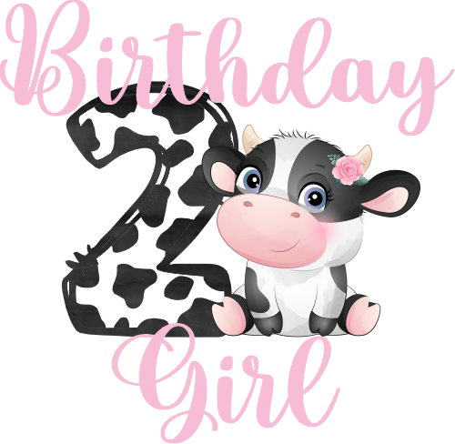 (s361-04) Birthday Girl Boy Name Age Cow Flowers Custom Text