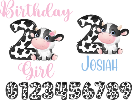 (s361-04) Birthday Girl Boy Name Age Cow Flowers Custom Text