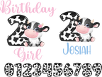 (s361-04) Birthday Girl Boy Name Age Cow Flowers Custom Text