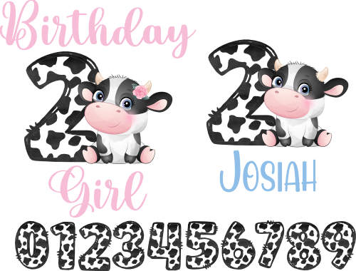 (s361-04) Birthday Girl Boy Name Age Cow Flowers Custom Text
