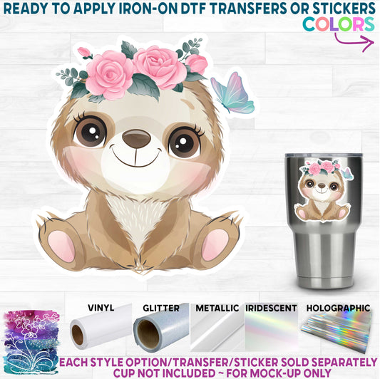 (s361-01) Cute Sloth Pink Roses, Butterfly Watercolor Printed Heat Transfer or Sticker