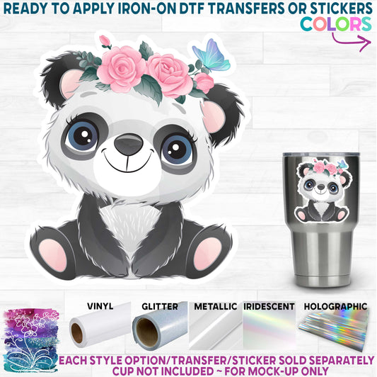 (s361-01) Cute Panda Pink Roses, Butterfly Watercolor Printed Heat Transfer or Sticker