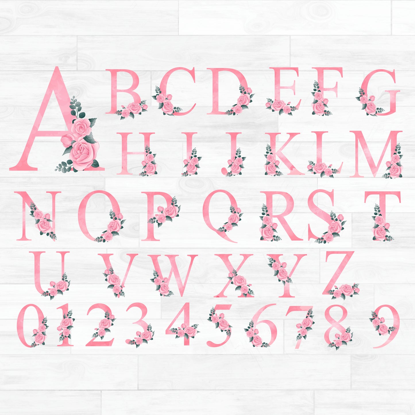 (s361-02) Cute Monogram Letters Numbers Alphabet Pink Rose Roses Floral Flowers Watercolor Printed Heat Transfer or Sticker