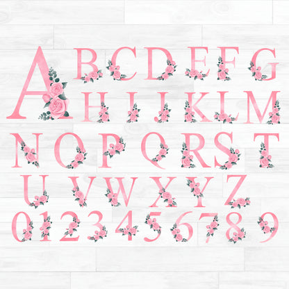 (s361-02) Cute Monogram Letters Numbers Alphabet Pink Rose Roses Floral Flowers Watercolor Printed Heat Transfer or Sticker