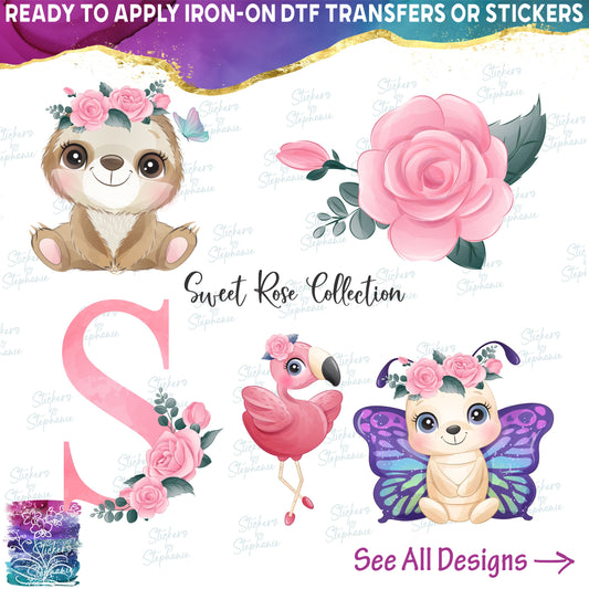 (s361) Illustrated Watercolor Pink Rose Collection Animals Letters Flowers