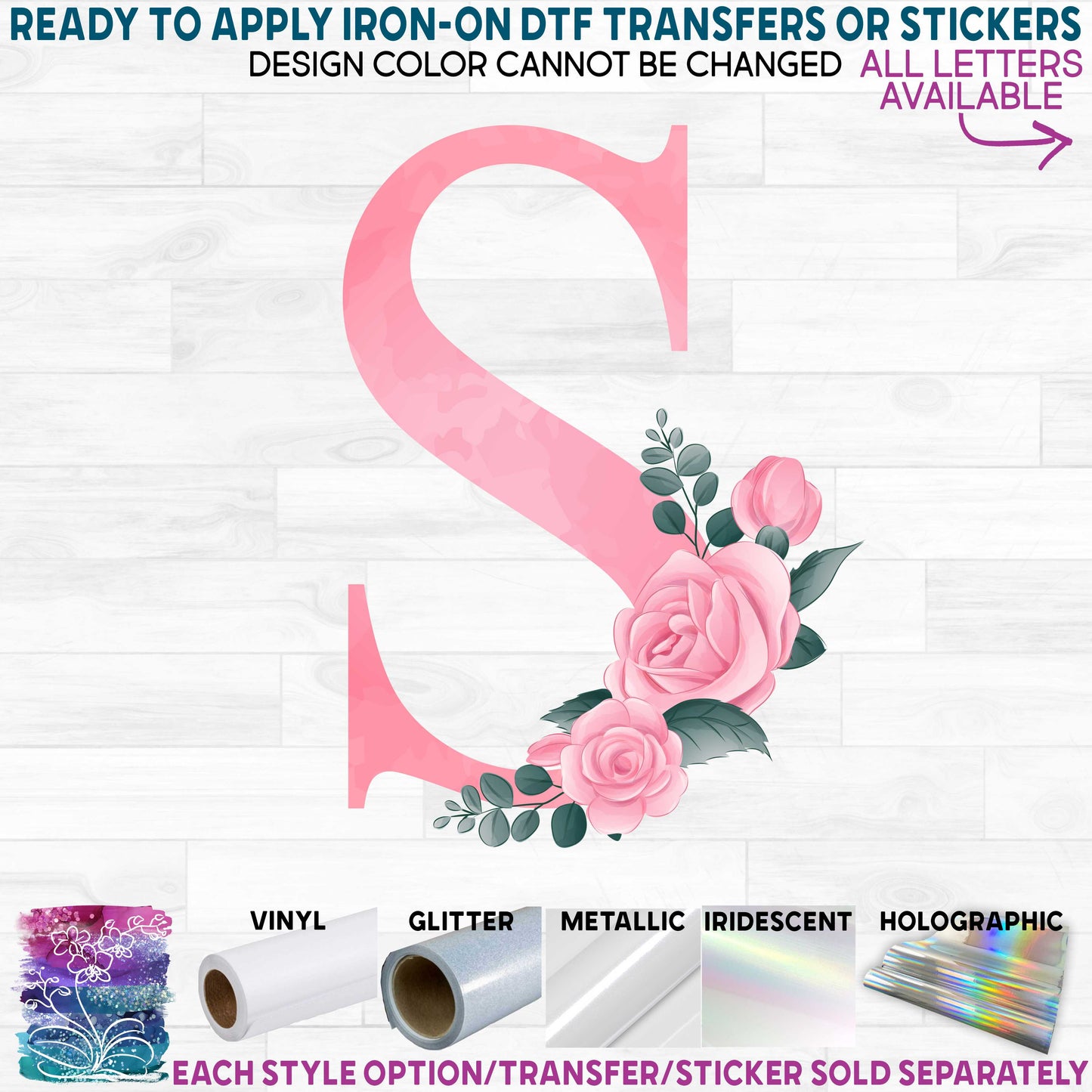 (s361-02) Cute Monogram Letters Numbers Alphabet Pink Rose Roses Floral Flowers Watercolor Printed Heat Transfer or Sticker