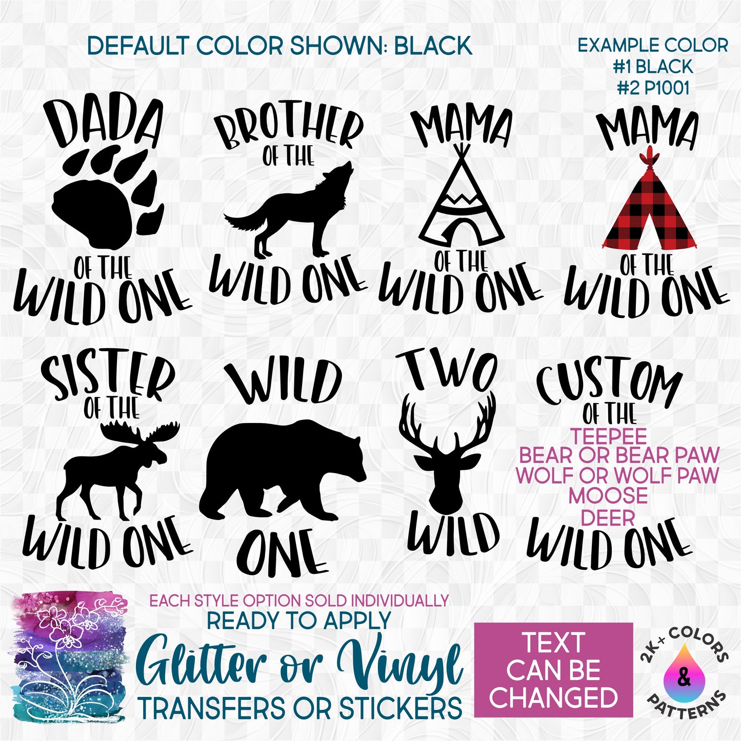 (s365-G) Mama, Family of the Wild One Custom Family Text Glitter or Vinyl Iron-On Transfer or Sticker