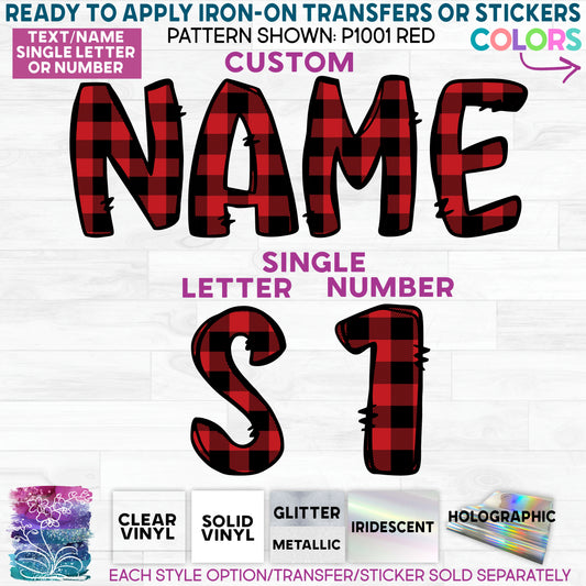 (s367-P1001) Red Black Buffalo Plaid Letters Numbers Custom Name Text Glitter or Vinyl Iron-On Transfer or Sticker