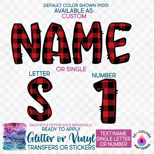 (s367-P1001) Red Black Buffalo Plaid Letters Numbers Custom Name Text Glitter or Vinyl Iron-On Transfer or Sticker