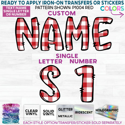 (s367-P1004) Red White Gingham Plaid Letters Numbers Custom Name Text Glitter or Vinyl Iron-On Transfer or Sticker