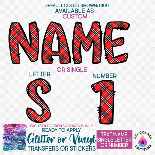 (s367-P1017) Red Black Plaid Letters Numbers Custom Name Text Glitter or Vinyl Iron-On Transfer or Sticker
