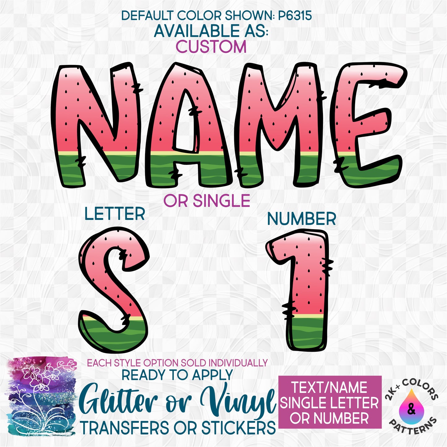(s367-P6315) Pink Watermelon Letters Numbers Custom Name Text Glitter or Vinyl Iron-On Transfer or Sticker