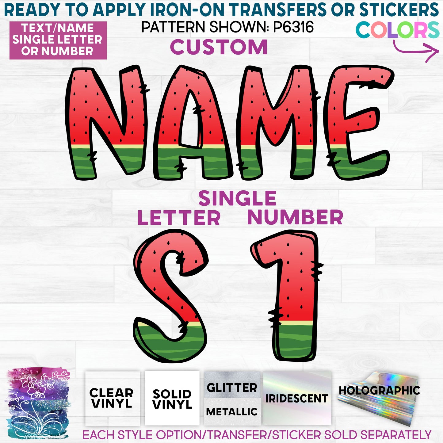 (s367-P6316) Red Watermelon Letters Numbers Custom Name Text Glitter or Vinyl Iron-On Transfer or Sticker