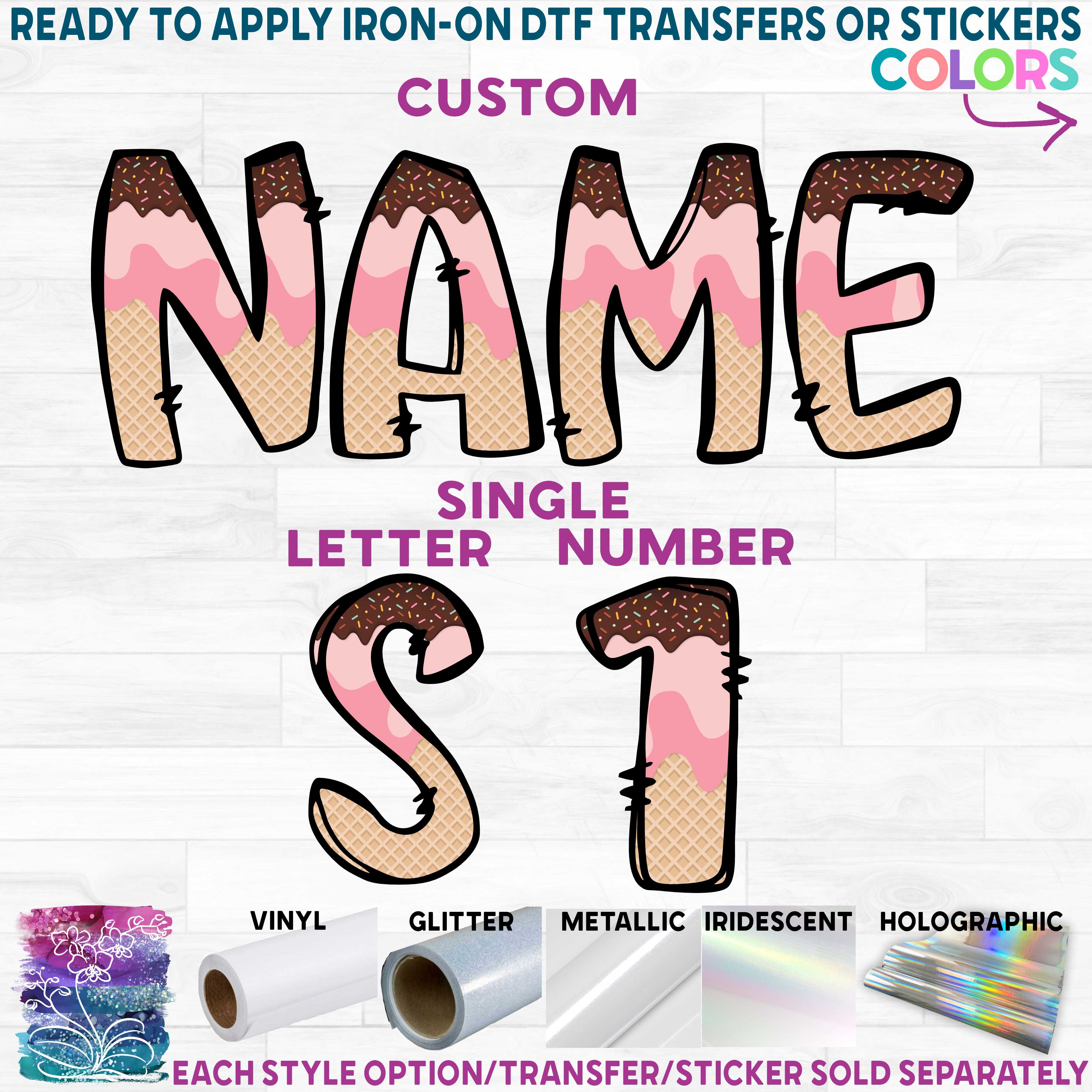 (s367-P6376) Pink Ice Cream Waffle Cone Letters Numbers Custom Name Text