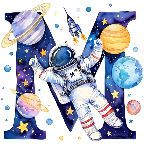 (s369-6) Space Galaxy Astronaut Monogram Letter All Letters A-Z