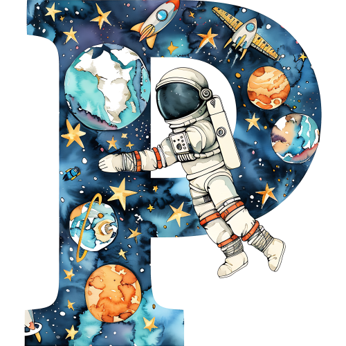 (s369-6) Space Galaxy Astronaut Monogram Letter All Letters A-Z