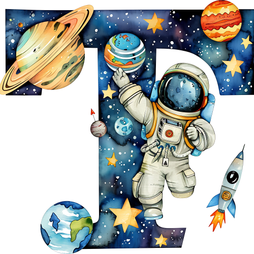 (s369-6) Space Galaxy Astronaut Monogram Letter All Letters A-Z