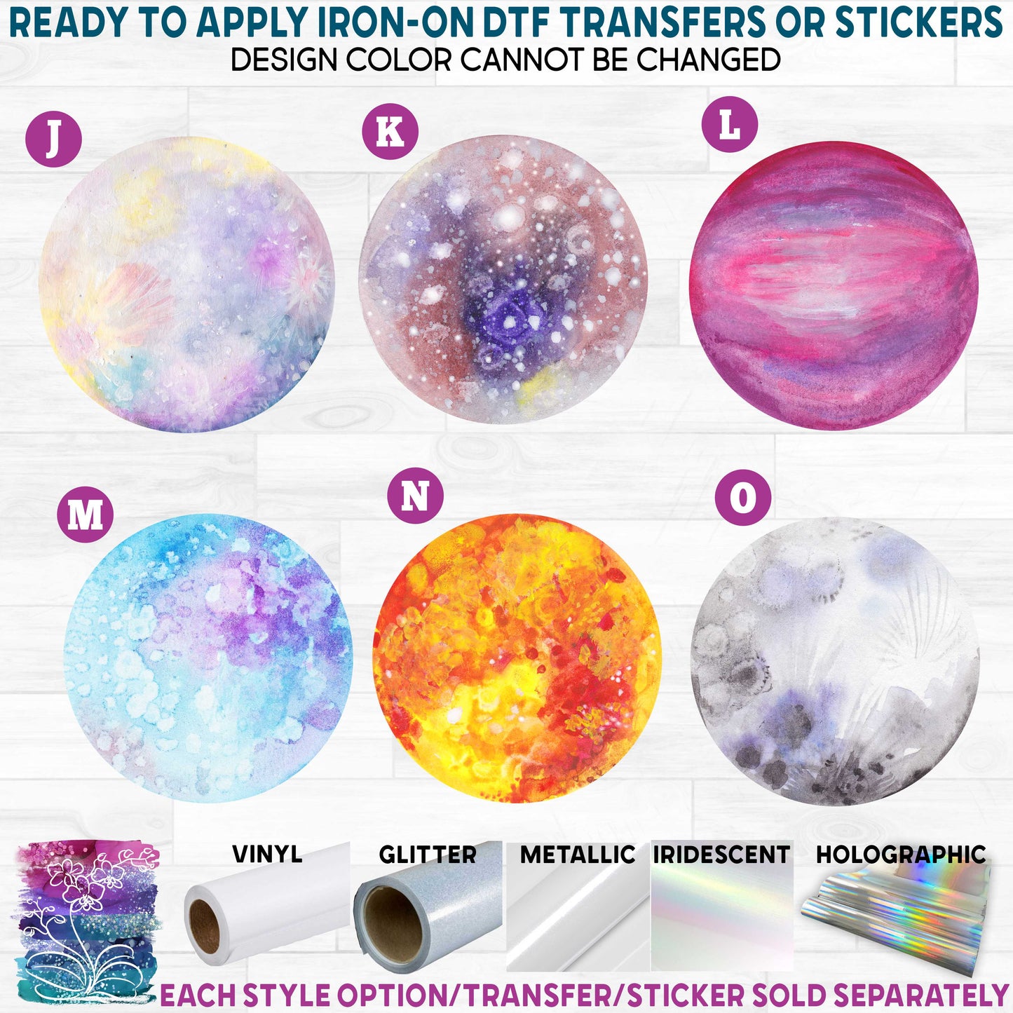 (s369-1) Watercolor Planets Solar System Printed Heat Transfer or Sticker