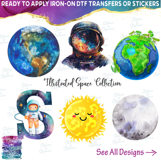 (s369-1) Illustrated Cartoon Watercolor Planets Astronauts Space 61 Design Options 3 Letters Styles