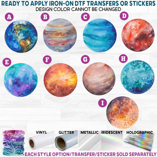 (s369-1) Watercolor Planets Solar System Printed Heat Transfer or Sticker