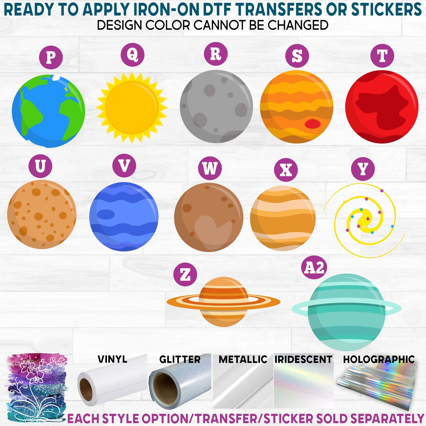 (s369-1) Cute Solar System Planets Galaxy Printed Heat Transfer or Sticker