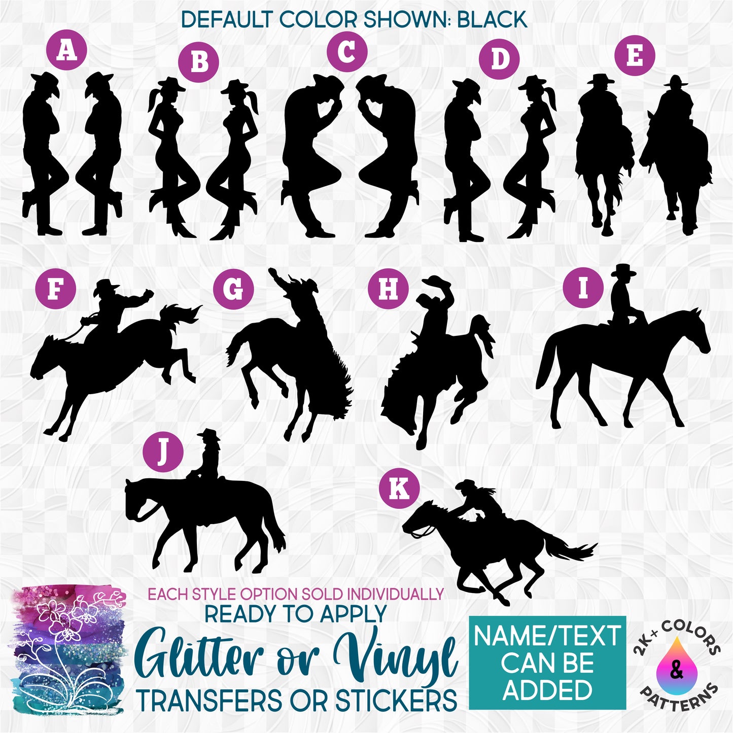 (s036-1) Western Cowboy Cowgirl Rodeo Glitter or Vinyl Iron-On Transfer or Sticker