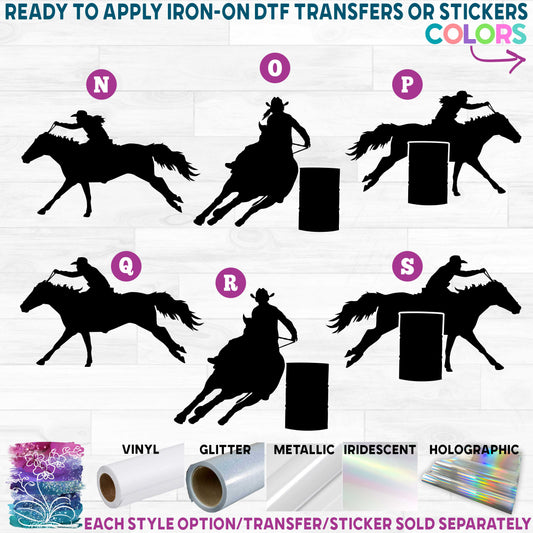 (s036-1) Barrel Racer Racing Cowboy Cowgirl Rodeo Silhouette Printed Heat Transfer or Sticker