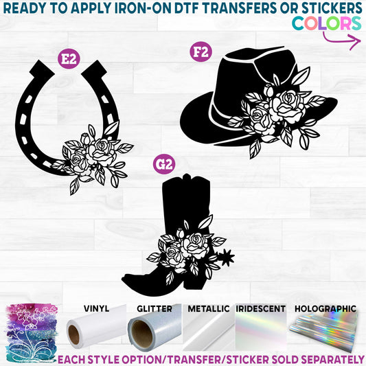 (s036-1) Floral Cowboy Hat Boot Horseshoe Printed Heat Transfer or Sticker